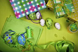 Close Up Of Easter Eggs Prints: Easter decoration with Easter eggs and sweets