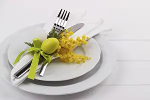 Easter Dinner Table Setting Prints: Easter dinner table setting on white wooden table