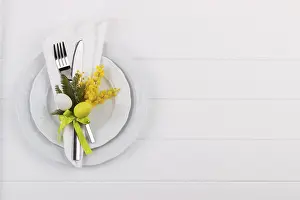 Food Still Life Photography Prints: Easter dinner table setting on white wooden table