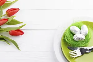 Spring Flower Arrangement Prints: Easter table setting on white wooden table