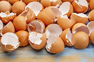 Empty Wooden Background Prints: Empty, broken, brown eggshells against wooden background