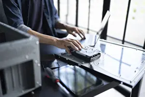 Computer Motherboard Prints: IT Engineer installing Hardware Equipment Development Facility Engineer Maintenance computer Motherboard Electronic