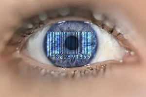 Electronic Data Transmission Prints: Detail of eye with barcode EAN