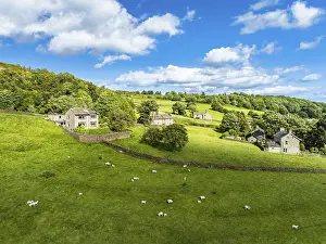 Farmland View From Above Prints: Farms and Fields over Cononley and River Aire from a drone