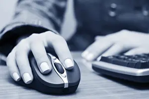 Empty Office Workspace Prints: Female hands working on computer