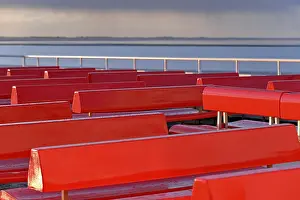 Norddeich Lower Saxony Germany Prints: Ferry, outer deck with red benches