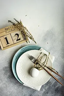 Copy Space For Text Overlays Prints: Festive table setting for holiday Easter dinner decorated with eggs