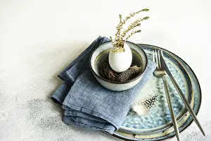 Copy Space For Text Ideas Prints: Festive table setting for holiday Easter dinner decorated with eggs