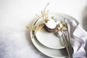 Festive Holiday Dinner Prints: Festive table setting for holiday Easter dinner decorated with eggs