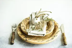 Traditional Easter Celebration Prints: Festive table setting for holiday Easter dinner decorated with eggs