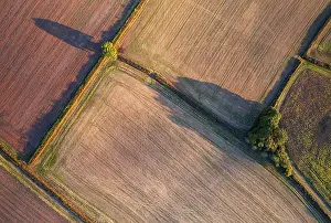Empty Countryside Scene Prints: Top Down over Fields and Farmlands from a drone