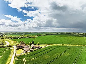 British Countryside Scene Prints: Fields and Windmill from a drone