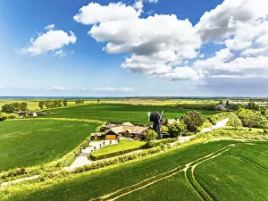 British Countryside Scene Prints: Fields and Windmill from a drone