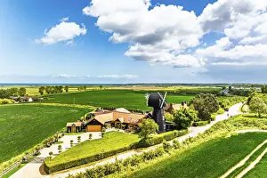 Top Down View Of Farm Field Prints: Fields and Windmill from a drone