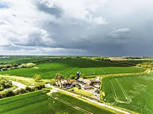 Top Down View Of Farmland Prints: Fields and Windmill from a drone