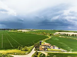 British Countryside Scene Prints: Fields and Windmill from a drone