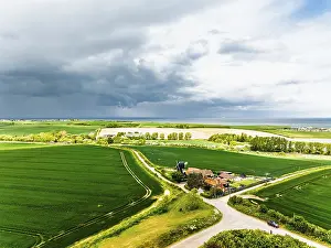British Countryside Scenes Prints: Fields and Windmill from a drone