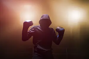 Boxing Concept Image Prints: Fighter without a face is standing with his hands up
