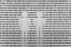 Symbolic Picture Depiction Prints: Two figures in front of binary code