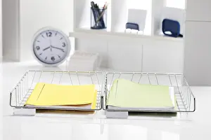Studio Shot Still Life Prints: Filing baskets with folders, input, output, office