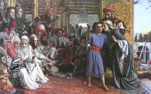 Print of a young Jesus found in the Temple by William Holman Hunt