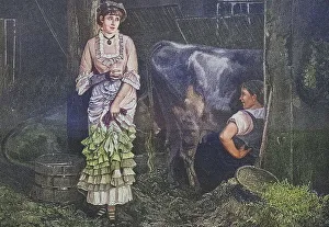 Print of a Lady Observing a Farm Scene