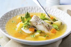 Prints of Fish soup with cod and vegetables Atlantic Cod Prints: Fish Soup with Cod and Vegetables Print