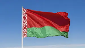 Blue Sky With Flag Prints: The flag of Belarus flutters in the wind