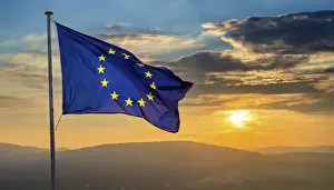 Isolated National Emblem Prints: The flag of the EU flutters in the wind