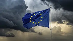 Symbolic Picture Europe Prints: The flag of the EU flutters in the wind