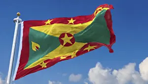 Prints of The flag of Grenada, Caribbean, flutters in the wind, isolated, against the blue sky Grenada Prints: The Flag of Grenada Print, Caribbean Island Scene