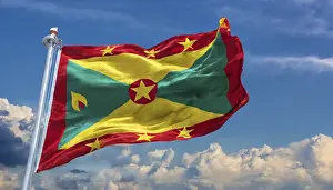 Prints of The flag of Grenada, Caribbean, flutters in the wind, isolated, against the blue sky Grenada Prints: The Flag of Grenada Print, Caribbean Island Scene