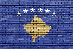 Prints of Flag of Kosovo painted on brick wall Kosovo Prints: Flag of Kosovo Painted on Brick Wall Print