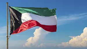 Middle East National Symbols Prints: The flag of Kuwait flutters in the wind