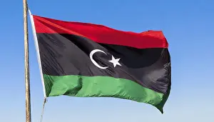 North African State Flags Prints: The flag of Libya, fluttering in the wind