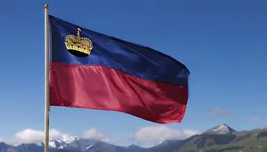 Prints of The flag of Liechtenstein flutters in the wind Liechtenstein Prints: The Flag of Liechtenstein Print