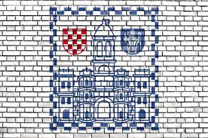 Eastern European Symbol Prints: Flag of Split painted on brick wall