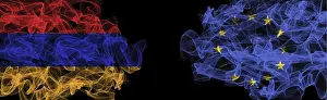Prints of Flags of Armenia and the EU on a black background, Armenia vs. European Union smoke flags Armenia Prints: Flags of Armenia and the EU Print on Black Background