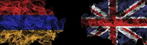 Prints of Flags of Armenia and the United Kingdom on a black background, Armenia vs. United Kingdom Smoke Flags Armenia Prints: Armenia and United Kingdom Flags Print on Black Background