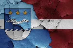 Prints of Flags of Jurmala and Latvia painted on cracked wall Latvia Prints: Flags of Jurmala and Latvia Print on Cracked Wall