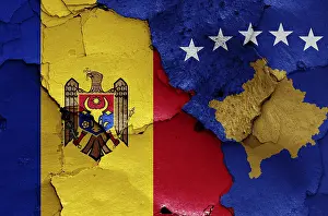 Prints of Flags of Moldova and Kosovo painted on cracked wall Kosovo Prints: Flags of Moldova and Kosovo painted on cracked wall Print