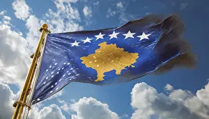 Prints of Flags, the national flag of Kosovo flutters in the wind Kosovo Prints: Kosovo National Flag Print