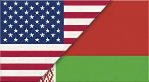 Prints of Flags of USA and Belarus. American and Belorussian national flags on fabric surface. USA and Belorussian relations. Flag of USA and Belorussian - 3D illustration. Two Flag Together - Fabric Texture Belarus Prints: USA and Belarus National Flag Print on Fabric Surface