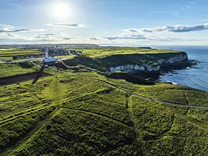 Northern Europe Scenic Views Prints: Flamborough Lighthouse and Cliffs from a drone