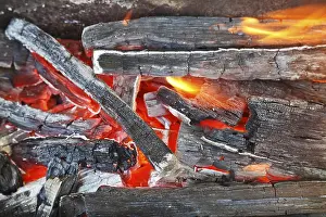 Red Hot Charcoal Prints: Flame over burning charcoal at close range