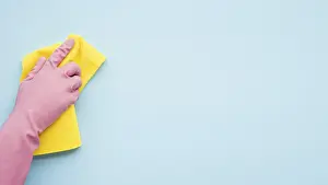 View From Above Concept Image Prints: Flat lay cleaning composition with copyspace