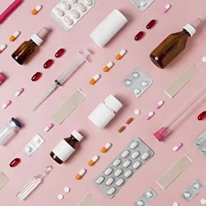 Healthcare System Symbol Prints: Flat lay composition medical elements