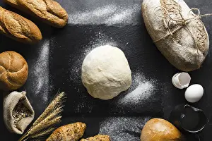 Breakfast Concept Image Prints: Flat lay dough bread black background