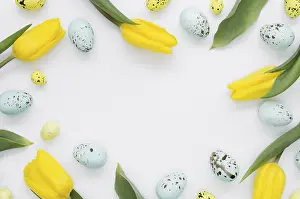 Christian Easter Tradition Prints: Flat lay eggs easter with tulips frame