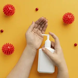 Virus Protection Image Prints: Flat lay hands using liquid soap with viruses